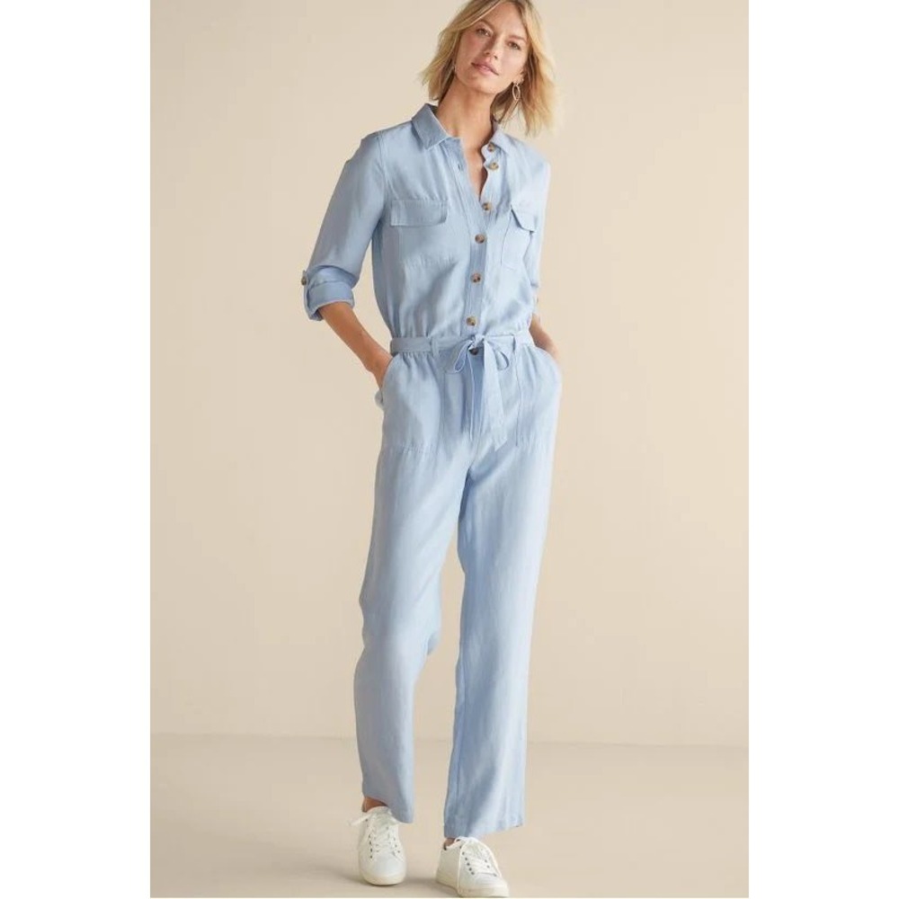 NWT Soft Surroundings Kerry Jumpsuit Light Chambray Blue Linen /Lyocell Sz 8